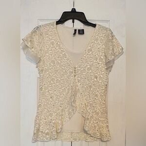 new directions Cream Sparkle Lace Overlay Shell Top